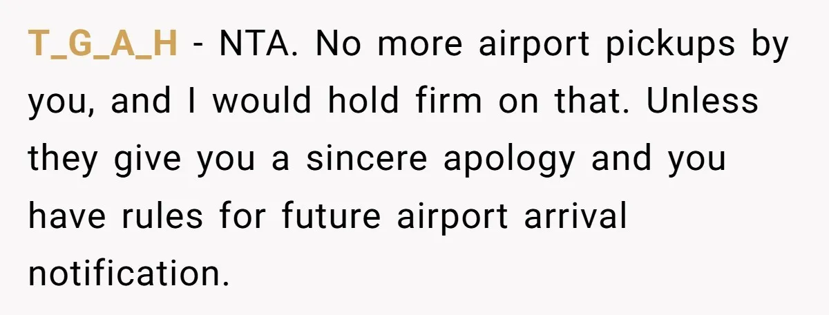 T_G_A_H − NTA. No more airport pickups by you, and I would hold firm on that. Unless they give you a sincere apology and you have rules for future airport...