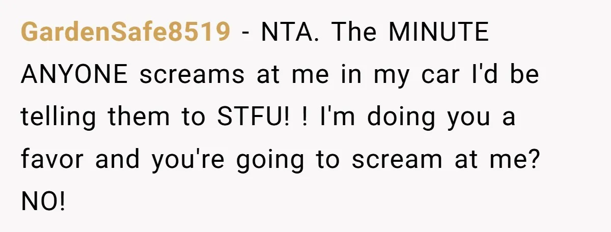 GardenSafe8519 − NTA. The MINUTE ANYONE screams at me in my car I'd be telling them to STFU! ! I'm doing you a favor and you're going to scream at...
