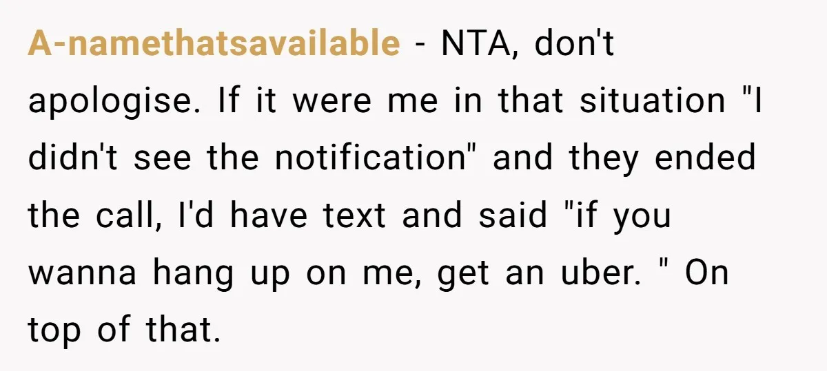 A-namethatsavailable − NTA, don't apologise. If it were me in that situation "I didn't see the notification" and they ended the call, I'd have text and said "if you wanna...