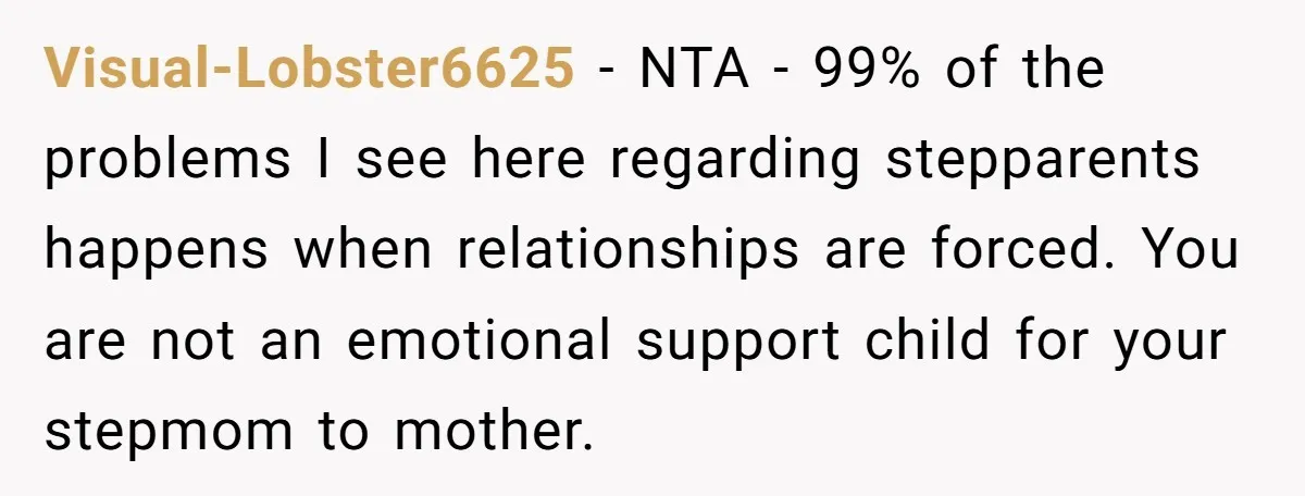 Visual-Lobster6625 − NTA - 99% of the problems I see here regarding stepparents happens when relationships are forced. You are not an emotional support child for your stepmom to mother.