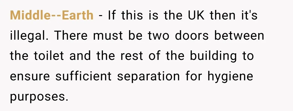 Middle--Earth − If this is the UK then it's illegal. There must be two doors between the toilet and the rest of the building to ensure sufficient separation for hygiene...