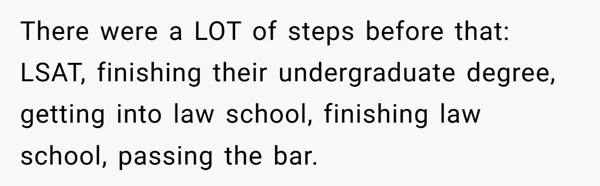 There were a LOT of steps before that: LSAT, finishing their undergraduate degree, getting into law school, finishing law school, passing the bar.