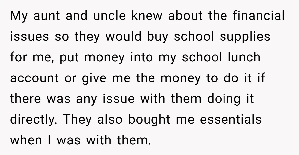 My aunt and uncle knew about the financial issues so they would buy school supplies for me, put money into my school lunch account or give me the money to...