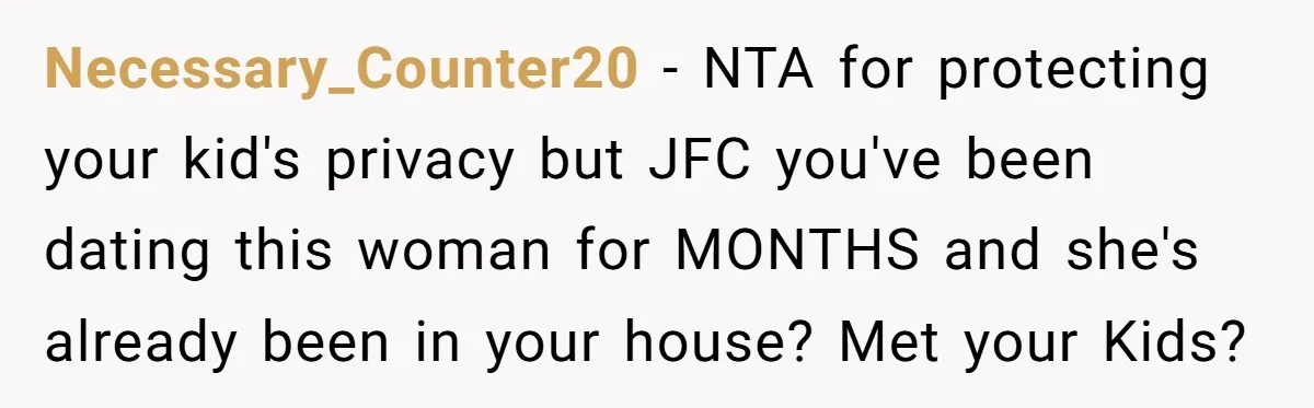 Necessary_Counter20 − NTA for protecting your kid's privacy but JFC you've been dating this woman for MONTHS and she's already been in your house? Met your Kids?