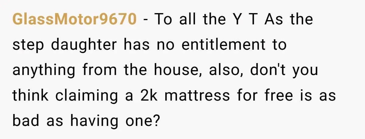 GlassMotor9670 − To all the Y T As the step daughter has no entitlement to anything from the house, also, don't you think claiming a 2k mattress for free is...
