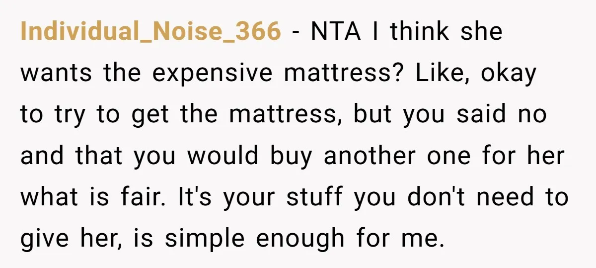 Individual_Noise_366 − NTA I think she wants the expensive mattress? Like, okay to try to get the mattress, but you said no and that you would buy another one for...