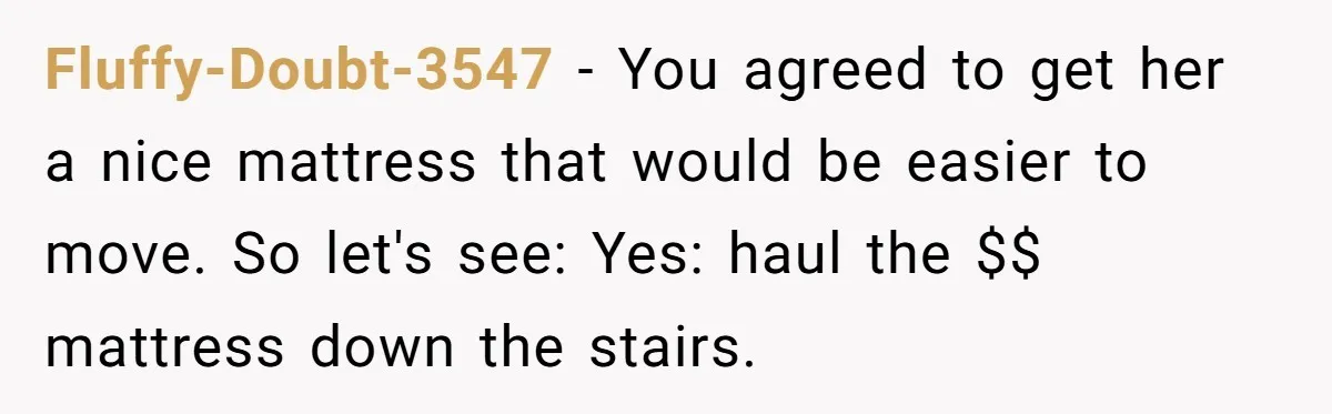Fluffy-Doubt-3547 − You agreed to get her a nice mattress that would be easier to move. So let's see: Yes: haul the $$ mattress down the stairs.