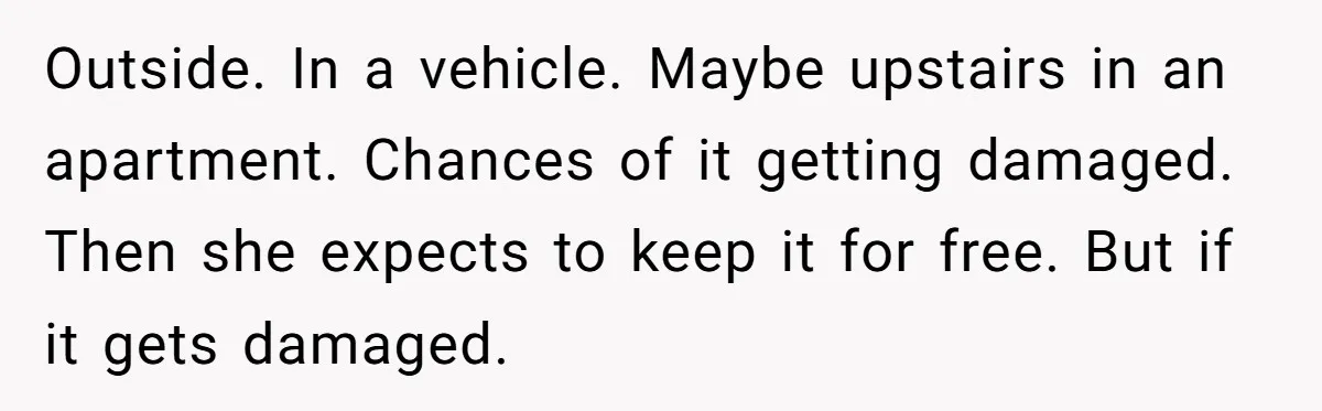 Outside. In a vehicle. Maybe upstairs in an apartment. Chances of it getting damaged. Then she expects to keep it for free. But if it gets damaged.