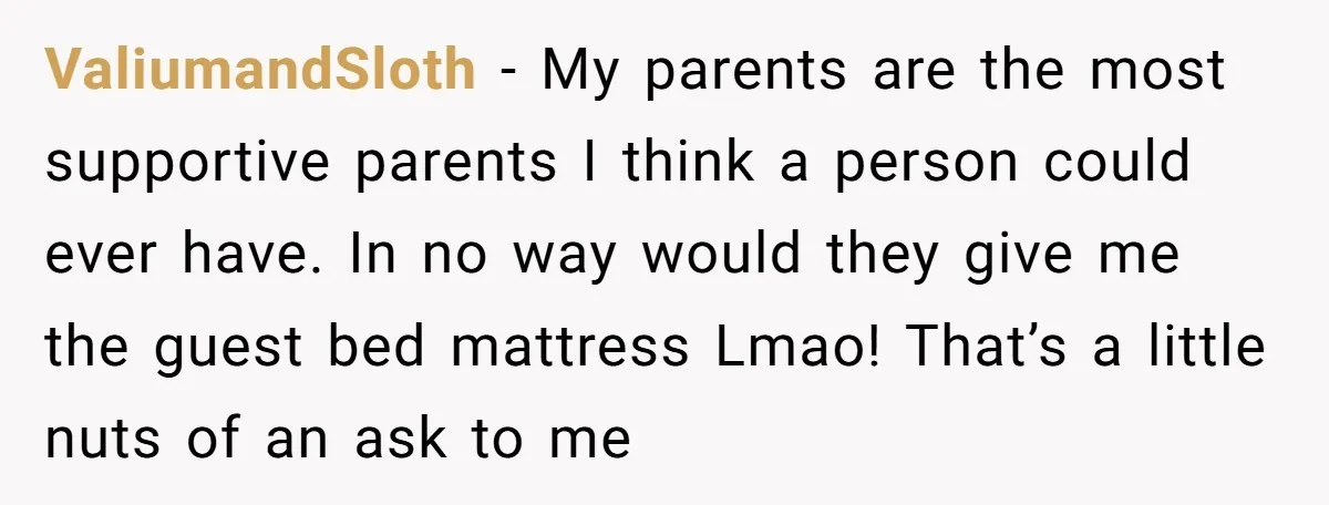 ValiumandSloth − My parents are the most supportive parents I think a person could ever have. In no way would they give me the guest bed mattress Lmao! That’s a...
