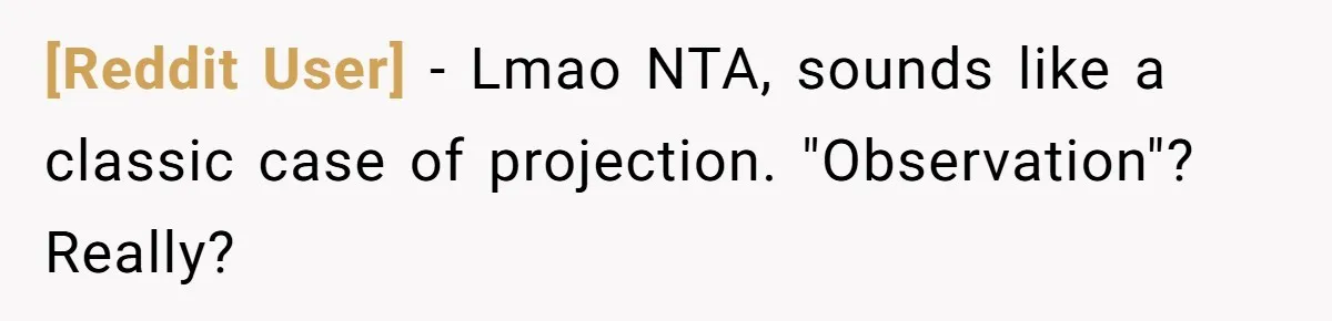 [Reddit User] − Lmao NTA, sounds like a classic case of projection. "Observation"? Really?