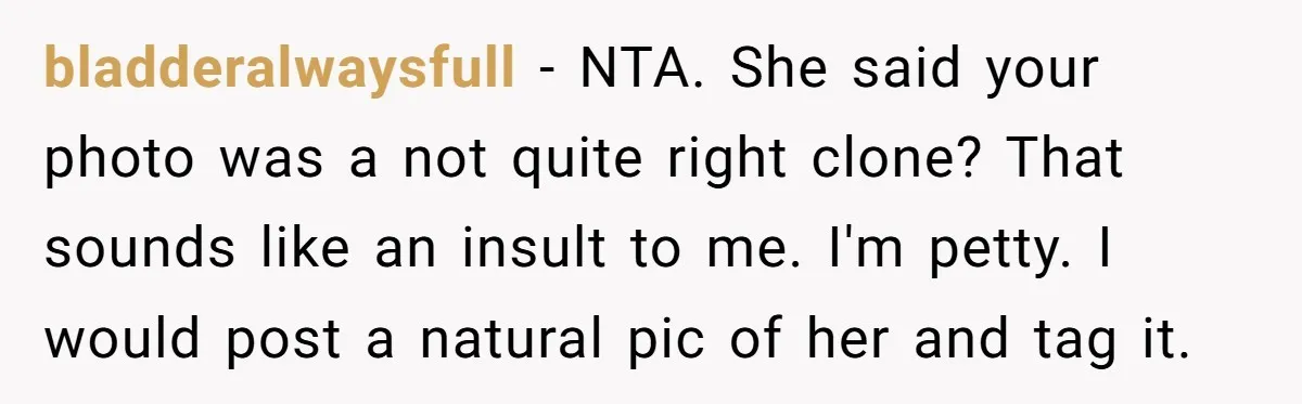 bladderalwaysfull − NTA. She said your photo was a not quite right clone? That sounds like an insult to me. I'm petty. I would post a natural pic of her...