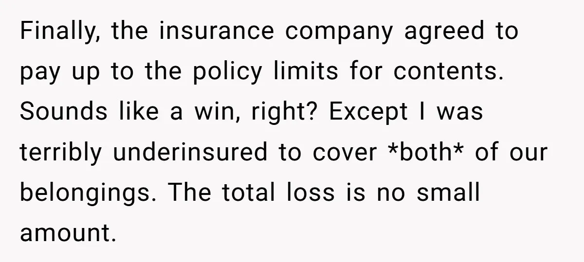 Finally, the insurance company agreed to pay up to the policy limits for contents. Sounds like a win, right? Except I was terribly underinsured to cover *both* of our belongings....