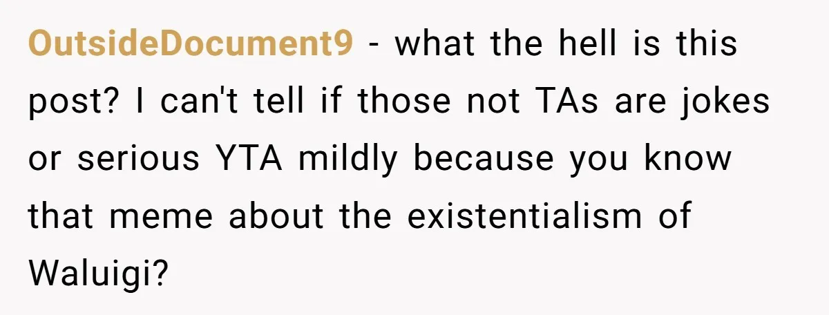 OutsideDocument9 − what the hell is this post? I can't tell if those not TAs are jokes or serious YTA mildly because you know that meme about the existentialism of...