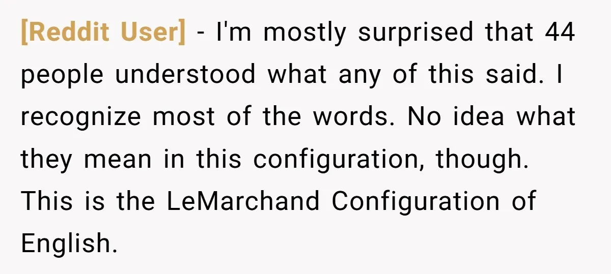 [Reddit User] − I'm mostly surprised that 44 people understood what any of this said. I recognize most of the words. No idea what they mean in this configuration, though....