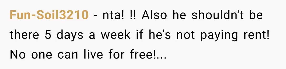 Fun-Soil3210 − nta! !! Also he shouldn't be there 5 days a week if he's not paying rent! No one can live for free!...