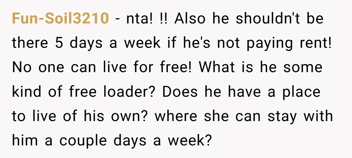 Fun-Soil3210 − nta! !! Also he shouldn't be there 5 days a week if he's not paying rent! No one can live for free! What is he some kind of...