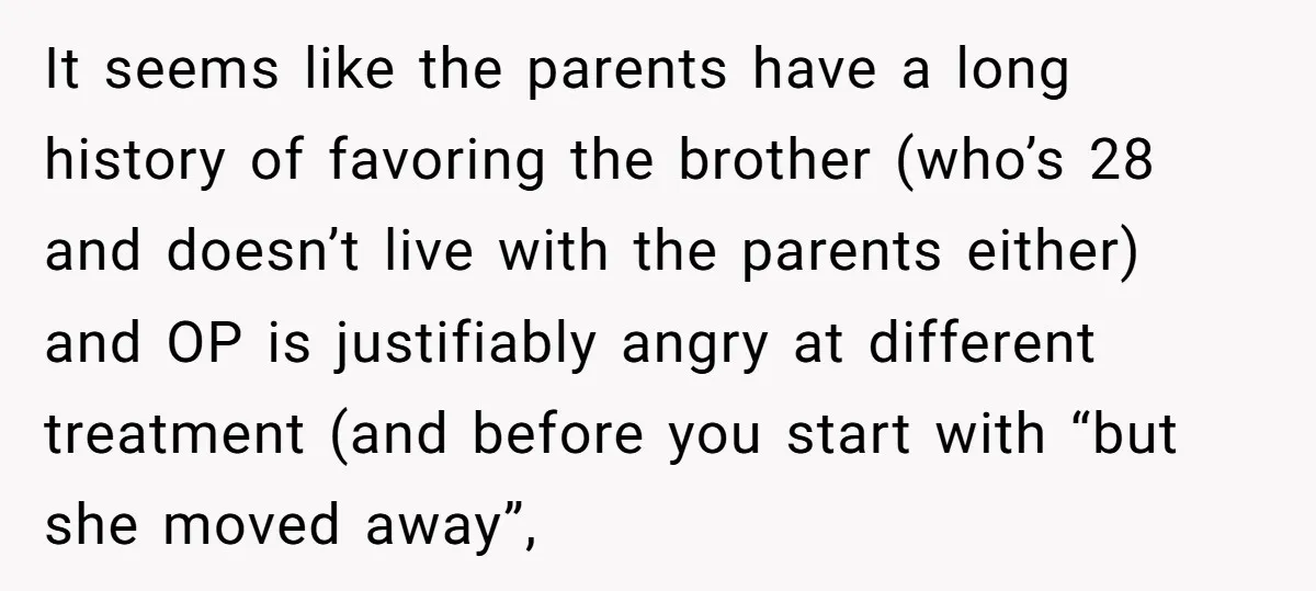 It seems like the parents have a long history of favoring the brother (who’s 28 and doesn’t live with the parents either) and OP is justifiably angry at different treatment...