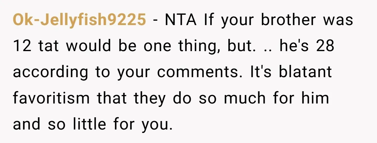Ok-Jellyfish9225 − NTA If your brother was 12 tat would be one thing, but. .. he's 28 according to your comments. It's blatant favoritism that they do so much for...