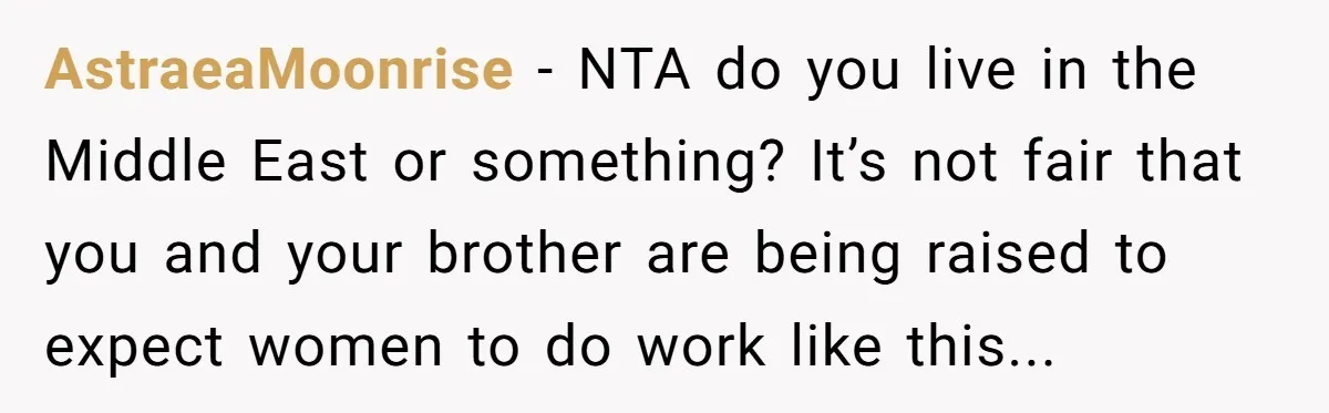 AstraeaMoonrise − NTA do you live in the Middle East or something? It’s not fair that you and your brother are being raised to expect women to do work like...