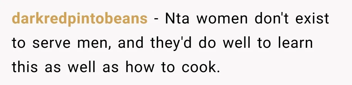 darkredpintobeans − Nta women don't exist to serve men, and they'd do well to learn this as well as how to cook.