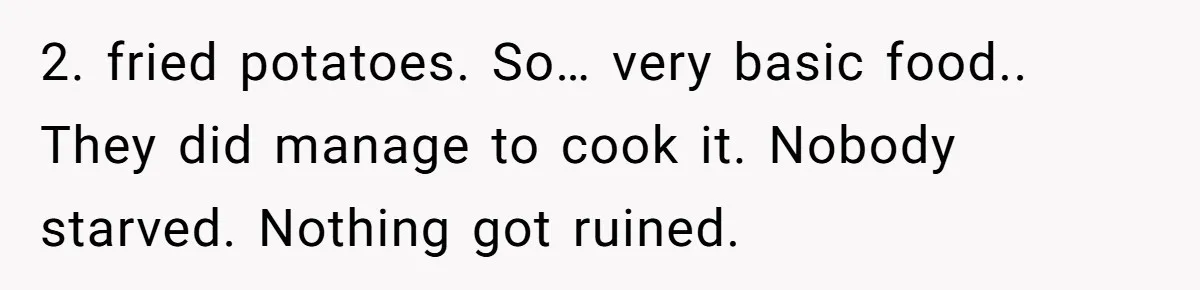 2. fried potatoes. So… very basic food.. They did manage to cook it. Nobody starved. Nothing got ruined.