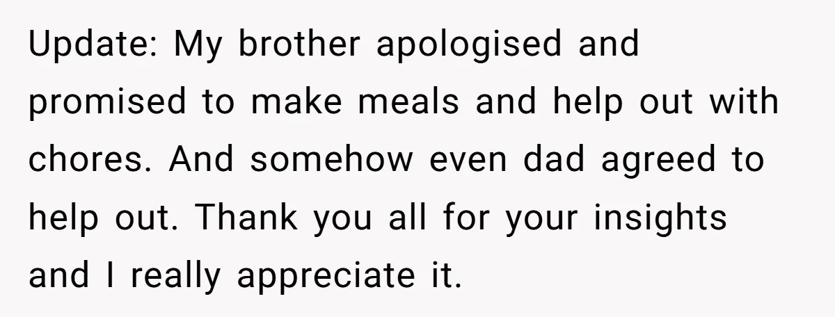 Update: My brother apologised and promised to make meals and help out with chores. And somehow even dad agreed to help out. Thank you all for your insights and I...