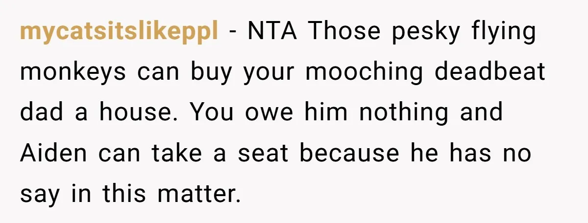 mycatsitslikeppl − NTA Those pesky flying monkeys can buy your mooching deadbeat dad a house. You owe him nothing and Aiden can take a seat because he has no say...