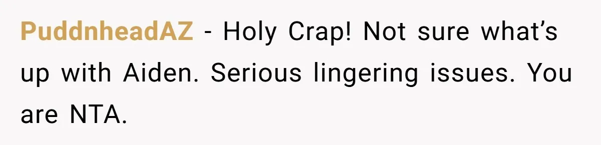 PuddnheadAZ − Holy Crap! Not sure what’s up with Aiden. Serious lingering issues. You are NTA.