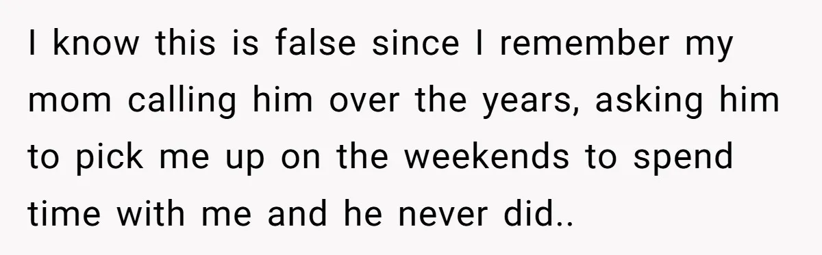I know this is false since I remember my mom calling him over the years, asking him to pick me up on the weekends to spend time with me and...