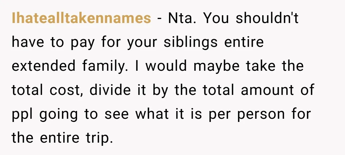 Ihatealltakennames − Nta. You shouldn't have to pay for your siblings entire extended family. I would maybe take the total cost, divide it by the total amount of ppl going...