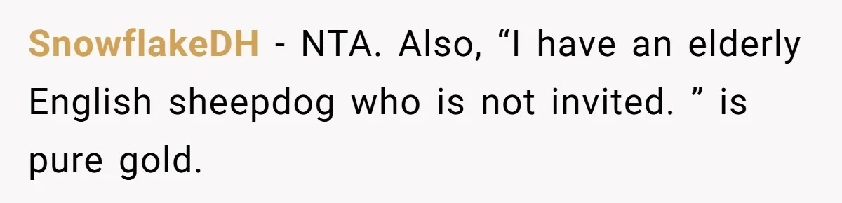 SnowflakeDH − NTA. Also, “I have an elderly English sheepdog who is not invited. ” is pure gold.