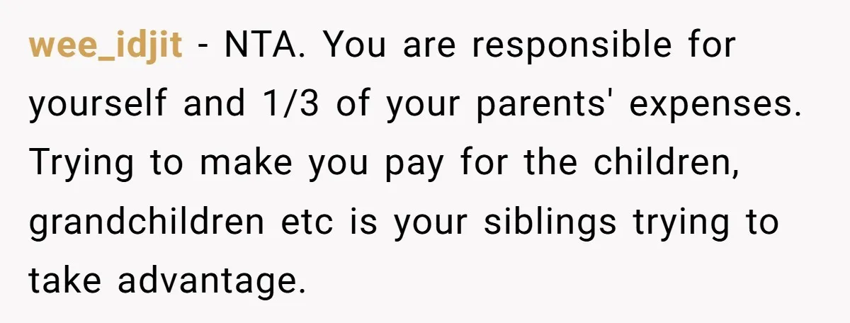 wee_idjit − NTA. You are responsible for yourself and 1/3 of your parents' expenses. Trying to make you pay for the children, grandchildren etc is your siblings trying to take...