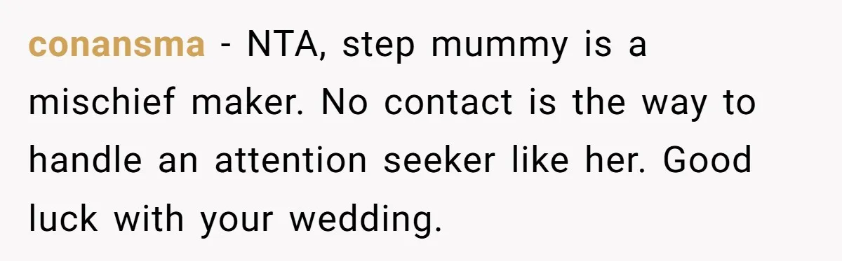 conansma − NTA, step mummy is a mischief maker. No contact is the way to handle an attention seeker like her. Good luck with your wedding.
