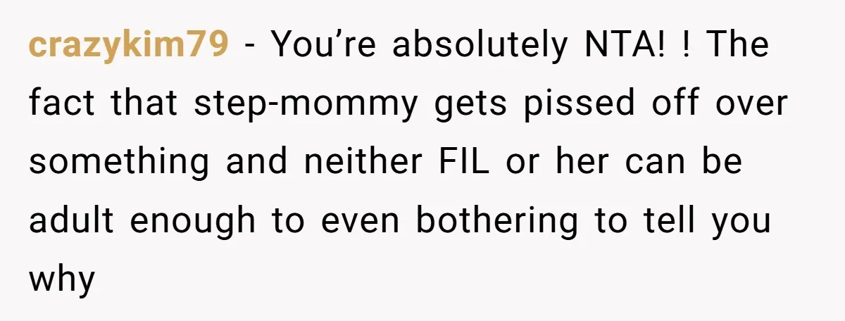 crazykim79 − You’re absolutely NTA! ! The fact that step-mommy gets pissed off over something and neither FIL or her can be adult enough to even bothering to tell you...