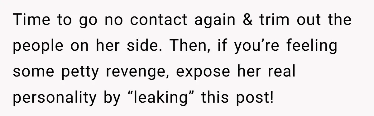 Time to go no contact again & trim out the people on her side. Then, if you’re feeling some petty revenge, expose her real personality by “leaking” this post!