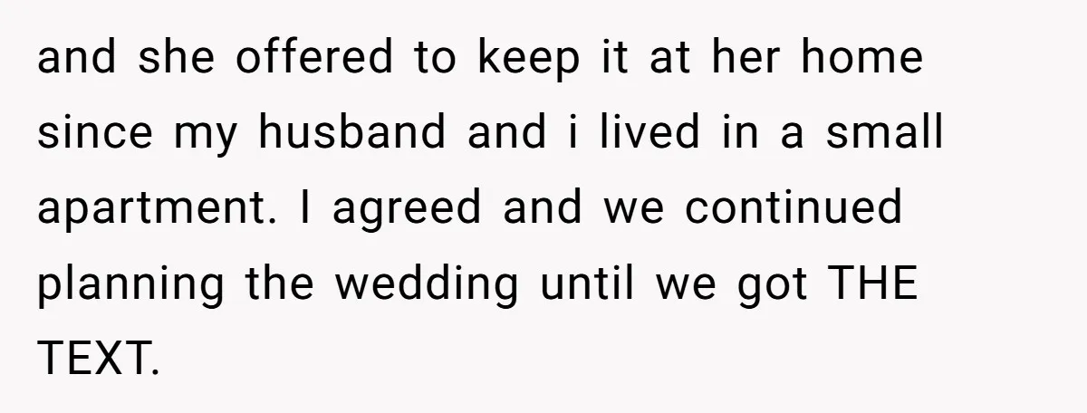 and she offered to keep it at her home since my husband and i lived in a small apartment. I agreed and we continued planning the wedding until we got...