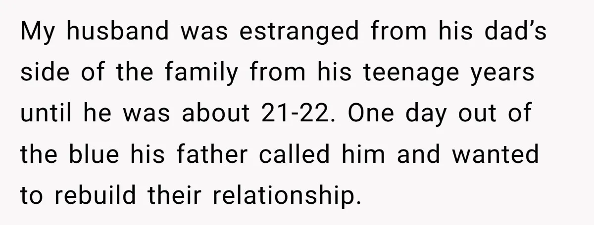 My husband was estranged from his dad’s side of the family from his teenage years until he was about 21-22. One day out of the blue his father called him...