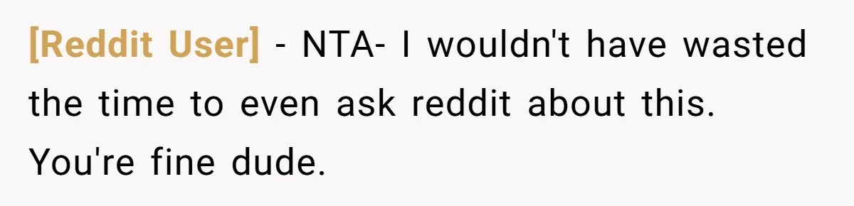 [Reddit User] − NTA- I wouldn't have wasted the time to even ask reddit about this. You're fine dude.