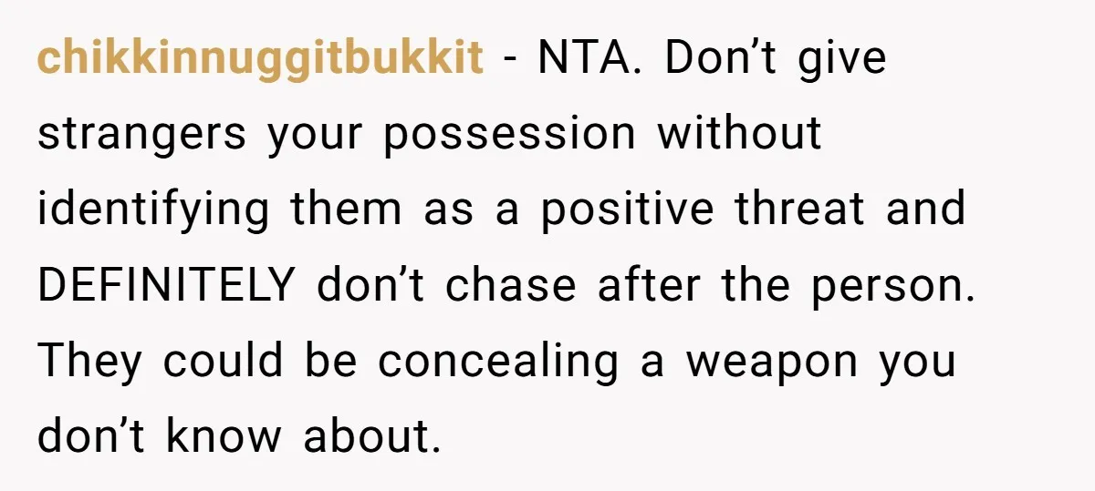 chikkinnuggitbukkit − NTA. Don’t give strangers your possession without identifying them as a positive threat and DEFINITELY don’t chase after the person. They could be concealing a weapon you don’t...
