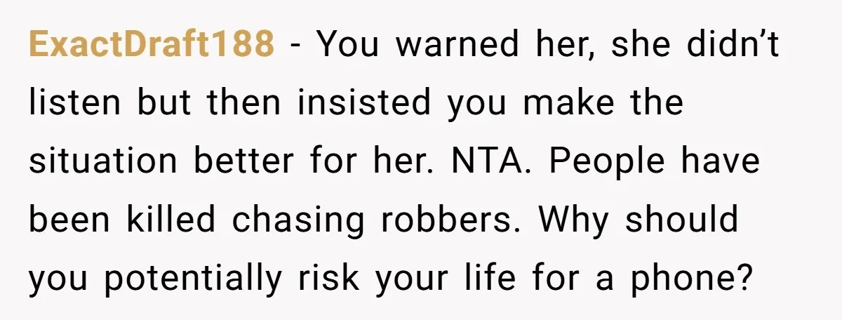 ExactDraft188 − You warned her, she didn’t listen but then insisted you make the situation better for her. NTA. People have been killed chasing robbers. Why should you potentially risk...