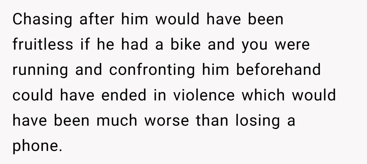 Chasing after him would have been fruitless if he had a bike and you were running and confronting him beforehand could have ended in violence which would have been much...