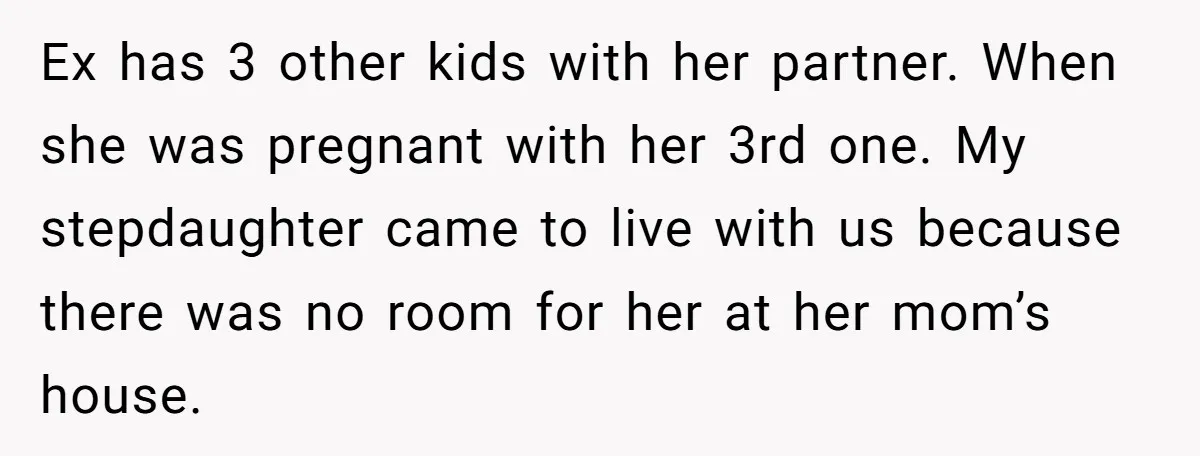Ex has 3 other kids with her partner. When she was pregnant with her 3rd one. My stepdaughter came to live with us because there was no room for her...