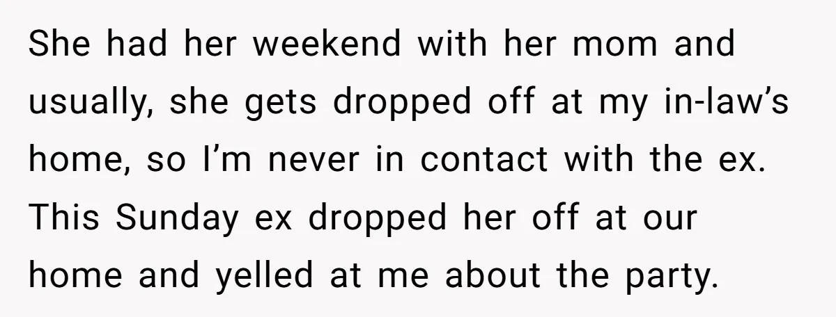 She had her weekend with her mom and usually, she gets dropped off at my in-law’s home, so I’m never in contact with the ex. This Sunday ex dropped her...