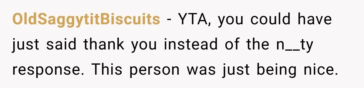 OldSaggytitBiscuits − YTA, you could have just said thank you instead of the n__ty response. This person was just being nice.