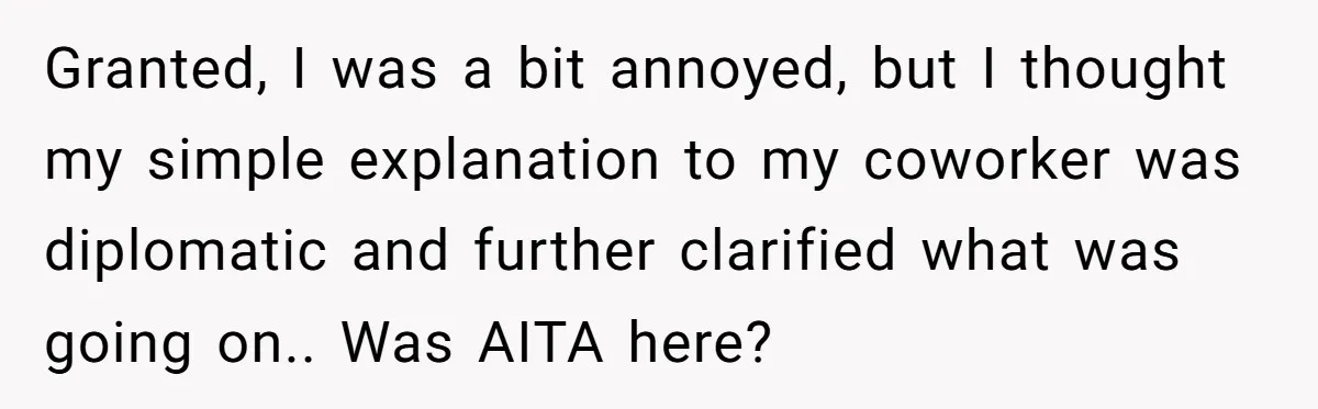 Granted, I was a bit annoyed, but I thought my simple explanation to my coworker was diplomatic and further clarified what was going on.. Was AITA here?