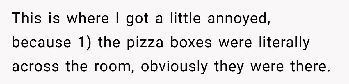 This is where I got a little annoyed, because 1) the pizza boxes were literally across the room, obviously they were there.