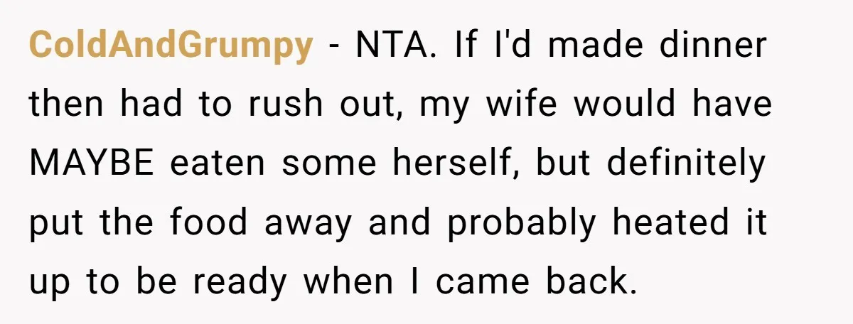 ColdAndGrumpy − NTA. If I'd made dinner then had to rush out, my wife would have MAYBE eaten some herself, but definitely put the food away and probably heated it...