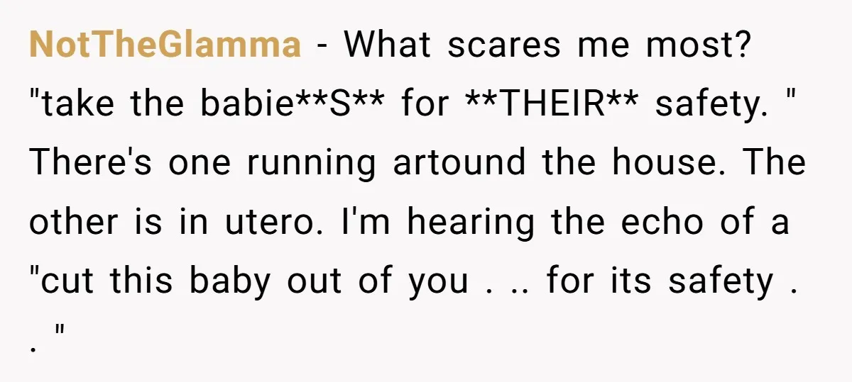 NotTheGlamma − What scares me most? "take the babie**S** for **THEIR** safety. " There's one running artound the house. The other is in utero. I'm hearing the echo of a...