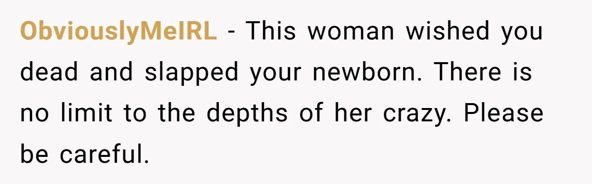 ObviouslyMeIRL − This woman wished you dead and slapped your newborn. There is no limit to the depths of her crazy. Please be careful.