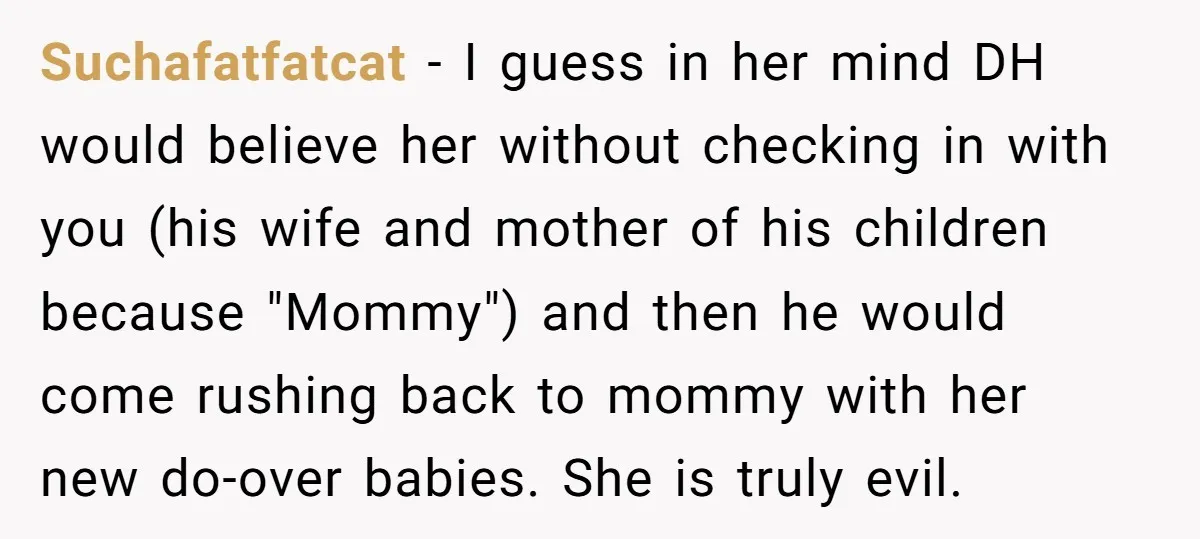 Suchafatfatcat − I guess in her mind DH would believe her without checking in with you (his wife and mother of his children because "Mommy") and then he would come...